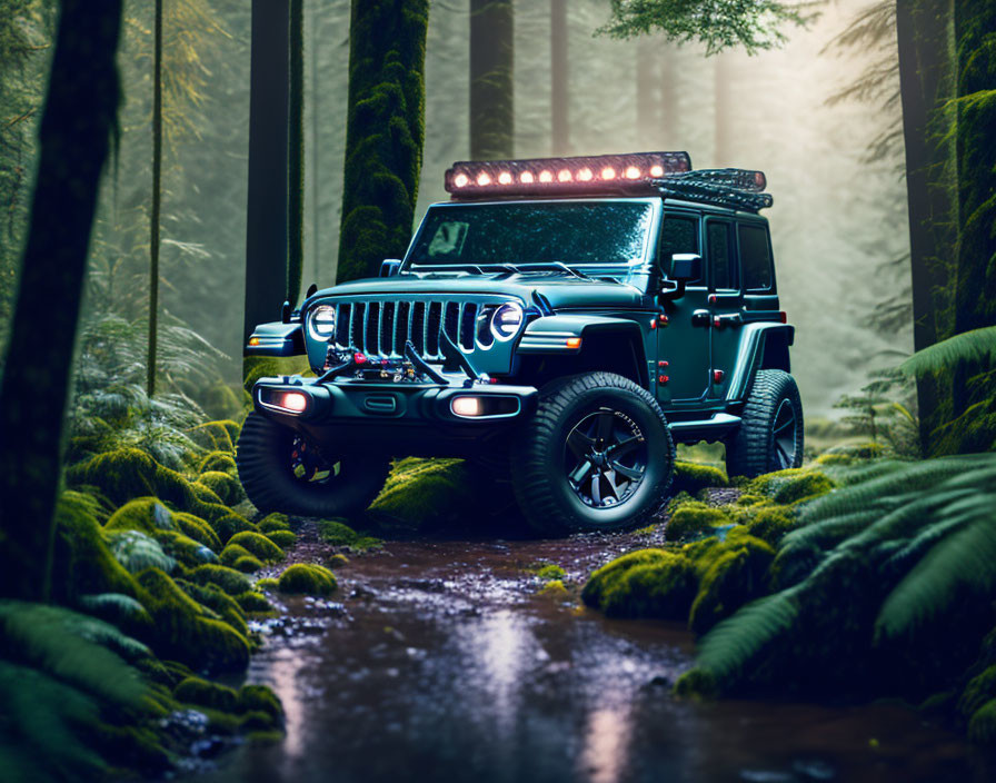 Off-road Jeep with roof light bar navigating forest trail over shallow stream in misty woods.