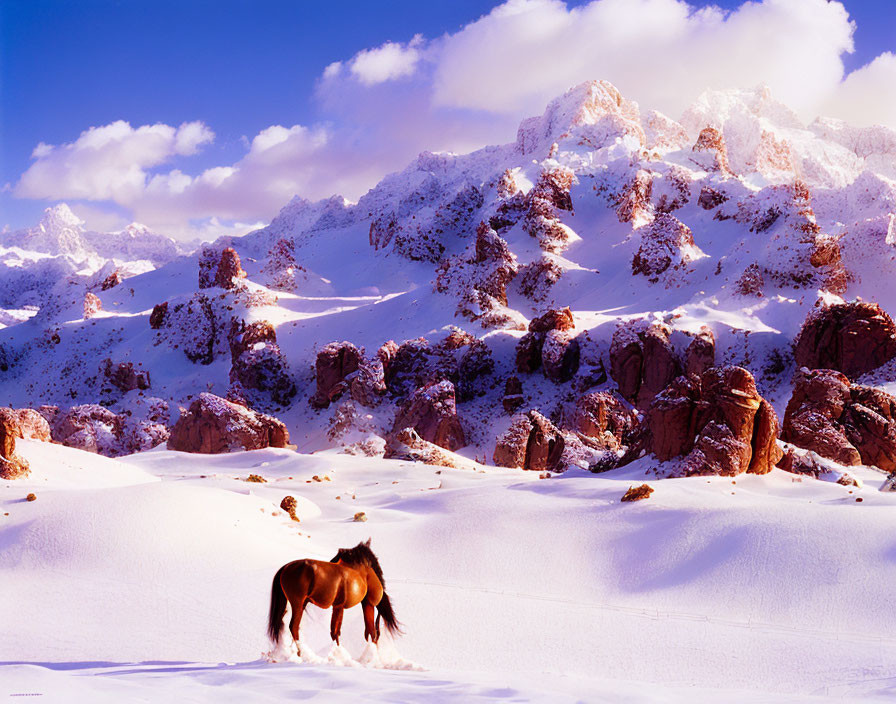 Snow-covered landscape with lone horse and rugged mountains.