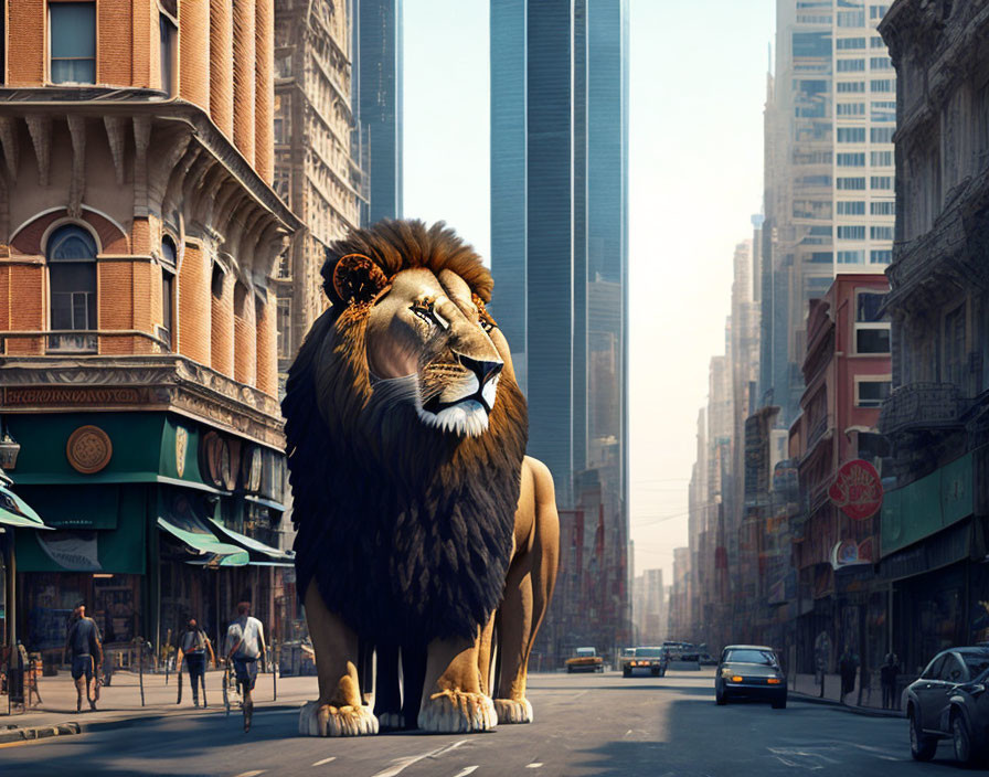 Majestic lion in city street surrounded by buildings and cars
