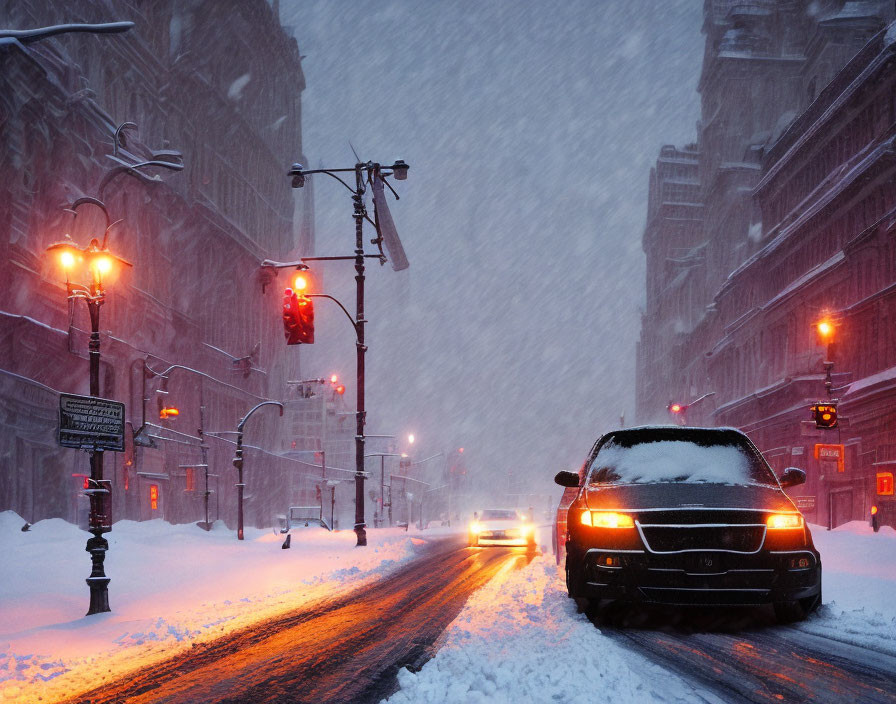 Snowy city street at twilight with vehicles and street lamps in heavy snowfall