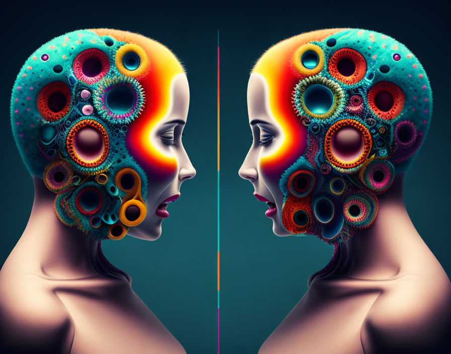 Symmetrical Faces with Colorful Mechanical Gears on Dark Background