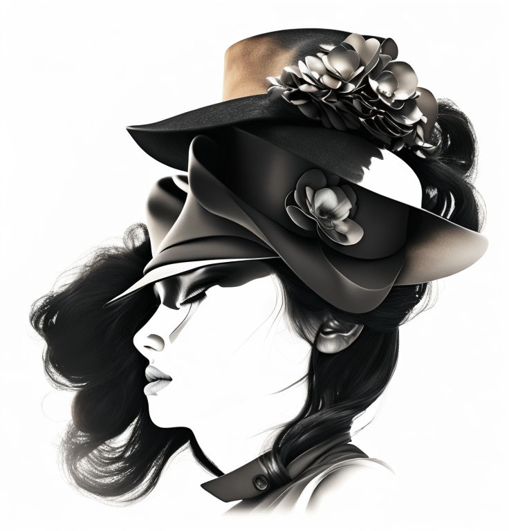 Monochrome profile illustration of woman in floral hat