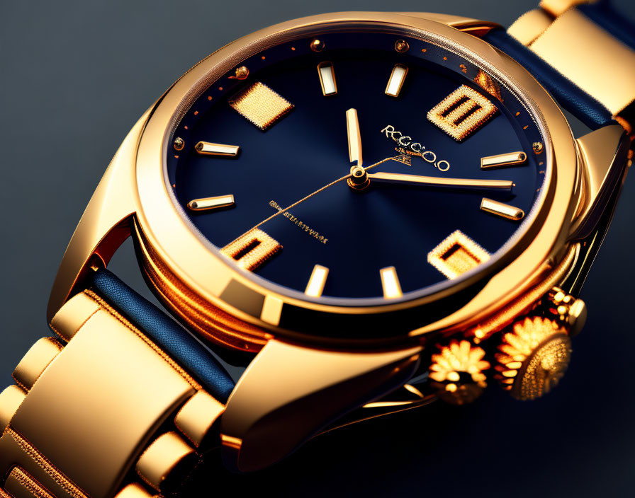 Gold Bracelet Wristwatch with Blue Dial & Textured Crown