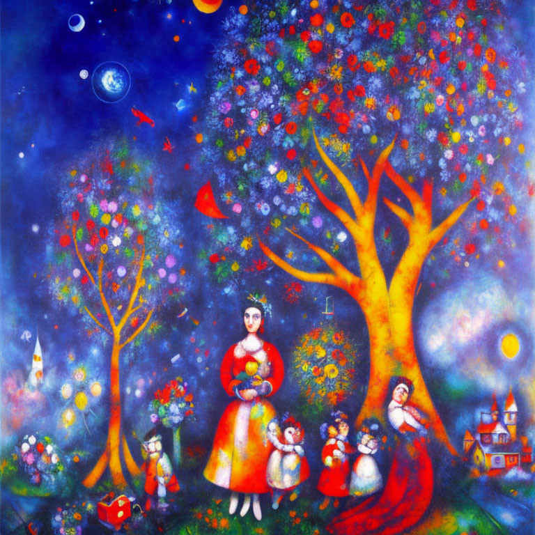 Vibrant fantasy painting: woman in red with children, celestial elements, starry backdrop