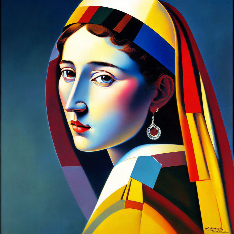 Vibrant modern artwork of classical female portrait with geometric shapes