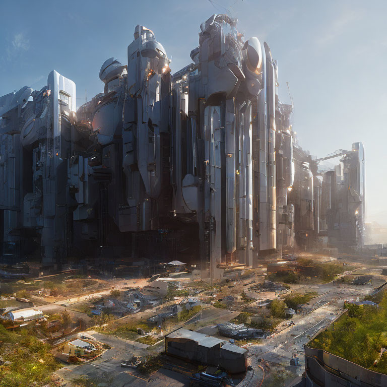 Futuristic industrial landscape with towering structures and dilapidated buildings.