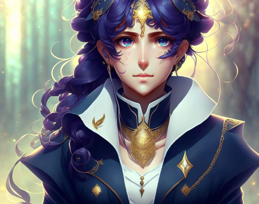 Illustrated female with curly blue hair and ornate armor in magical forest setting