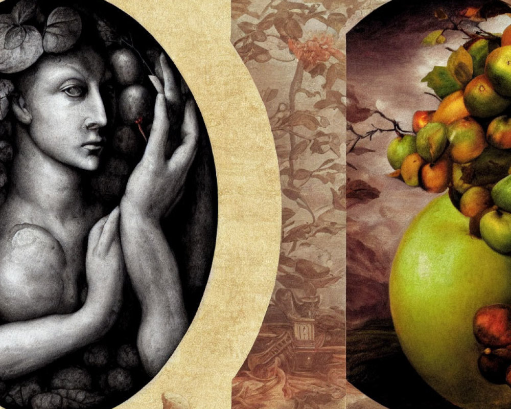 Collage with Monochrome Sketch and Colorful Still Life of Fruit