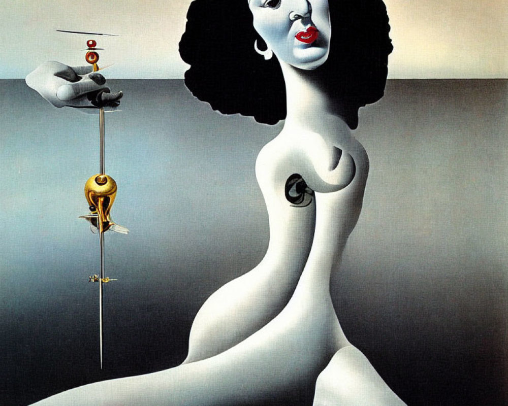 Surrealist painting featuring stylized, abstract female figure