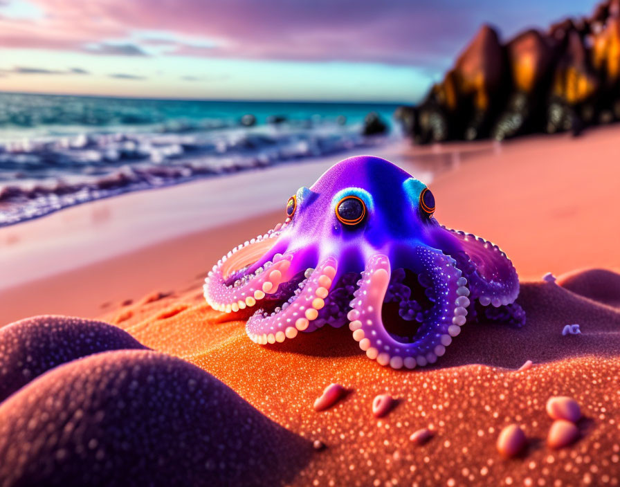 Purple Octopus on Beach at Sunset with Calm Sea