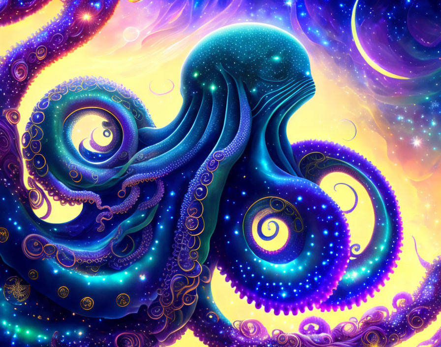 Colorful Cosmic Octopus Artwork in Blue and Purple Swirls
