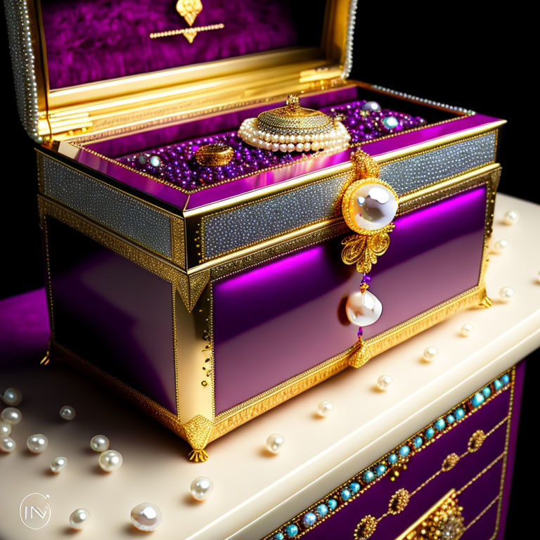 Golden jewelry box with purple details and pearls, elegant necklaces and pearl string
