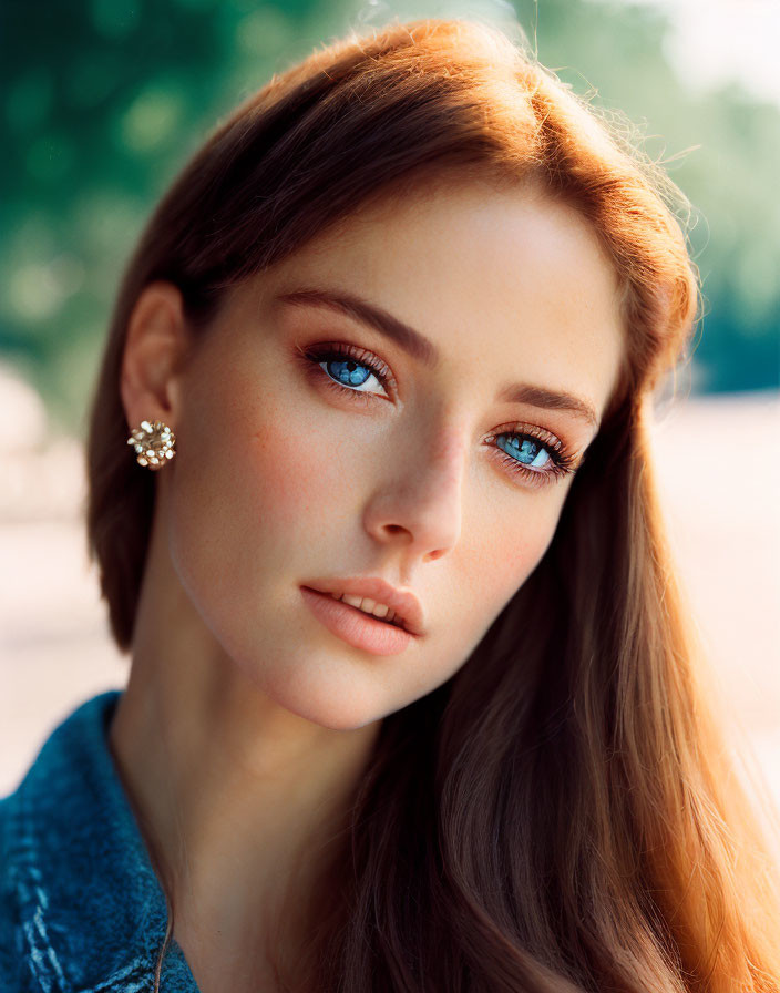 Portrait of a woman with blue eyes, red hair, and earring in soft-focus.