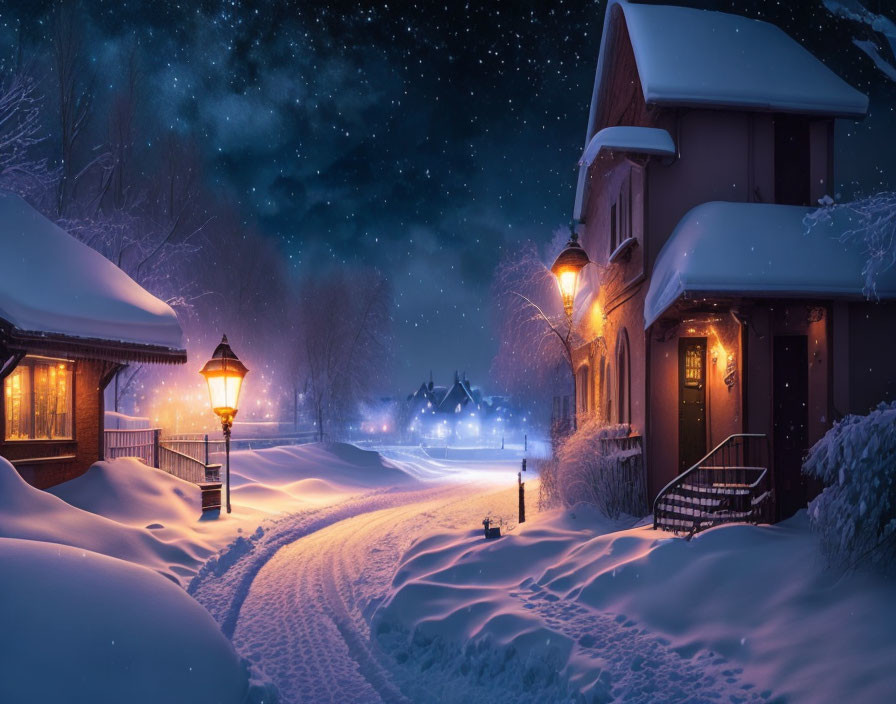 Snow-covered houses and glowing windows on a serene winter night.