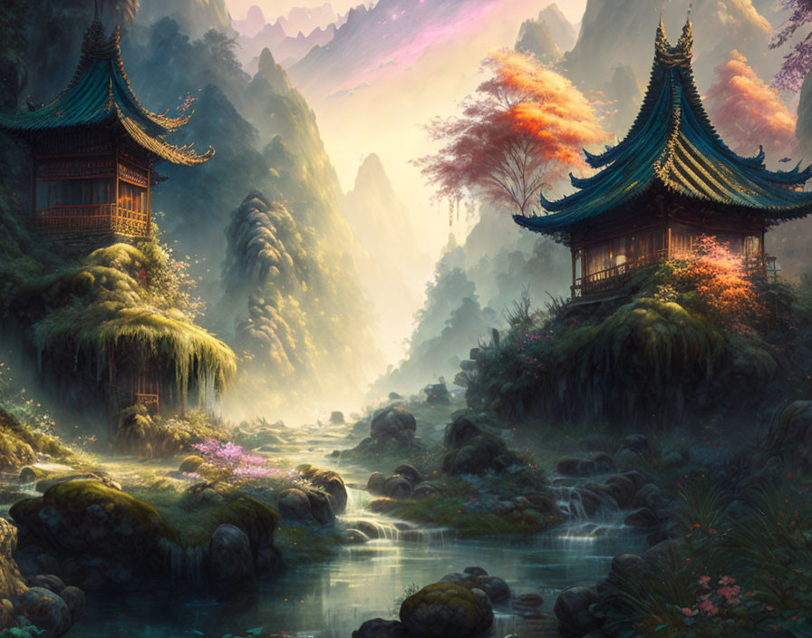 Traditional pagoda-style buildings in fantasy landscape with mountains, river, and ethereal lighting.