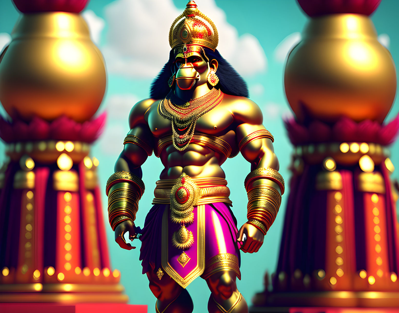 Muscular figure in golden armor with monkey-like face against golden urns