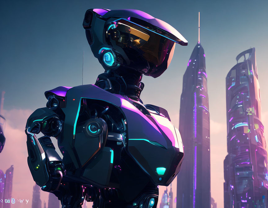 Futuristic black and blue robot against neon-lit skyscrapers at twilight