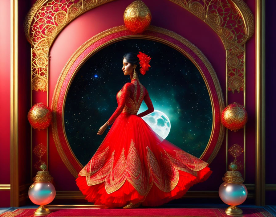 Traditional dress woman in red with ornate patterns by oval window under starry sky