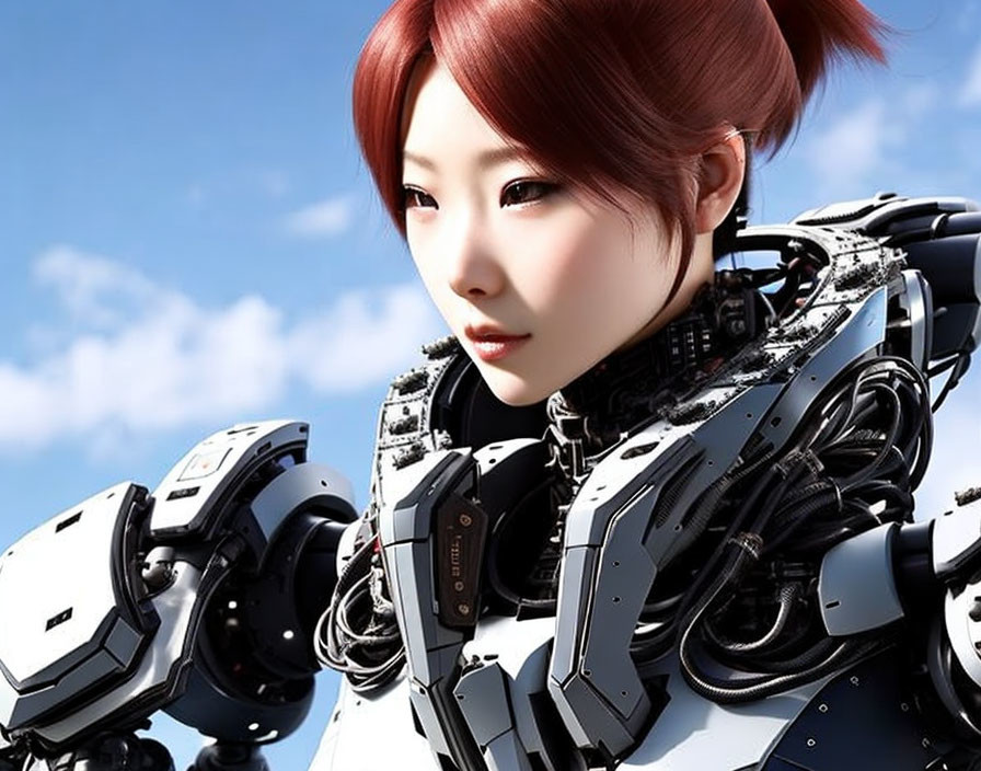 Red-Haired Female Robot in Metal Armor on Blue Sky Background