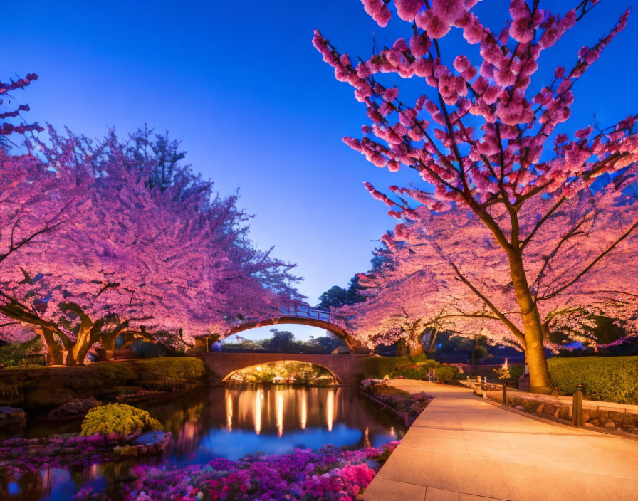 Tranquil Twilight Park with Vibrant Cherry Blossoms and Stone Bridge