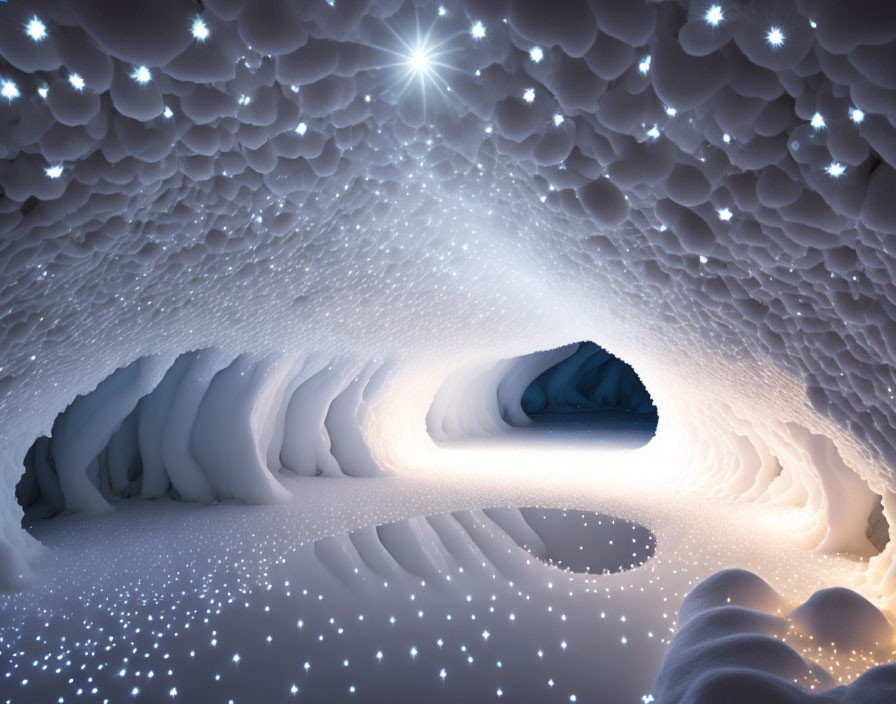 Snow-covered ice cave under starry sky with radiant glow