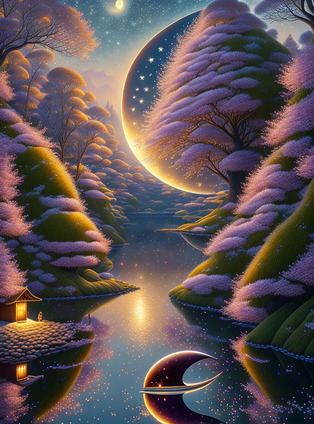 Tranquil fantasy landscape with moon, stars, river, blossoming trees, and lantern dock
