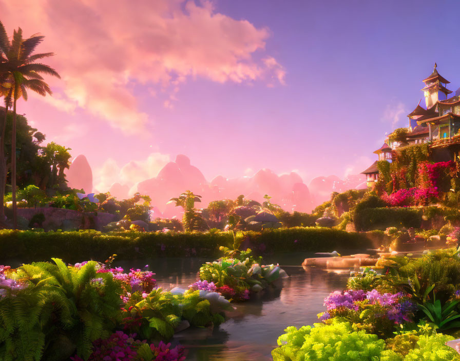 Fantasy landscape with vibrant flora, tranquil pond, Asian-style architecture under pink sky