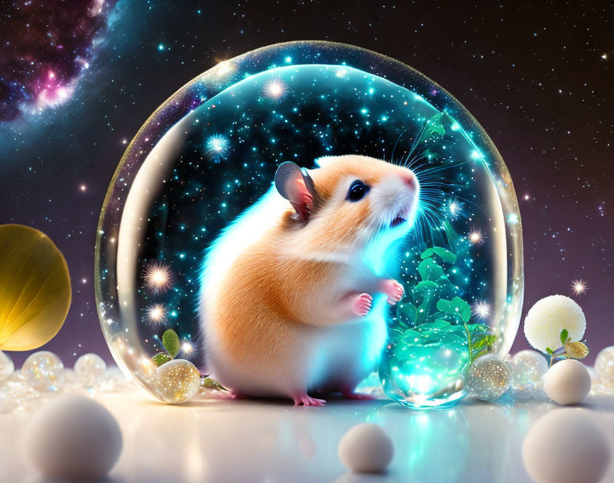 Hamster in Bubble with Glowing Plant and Cosmic Background