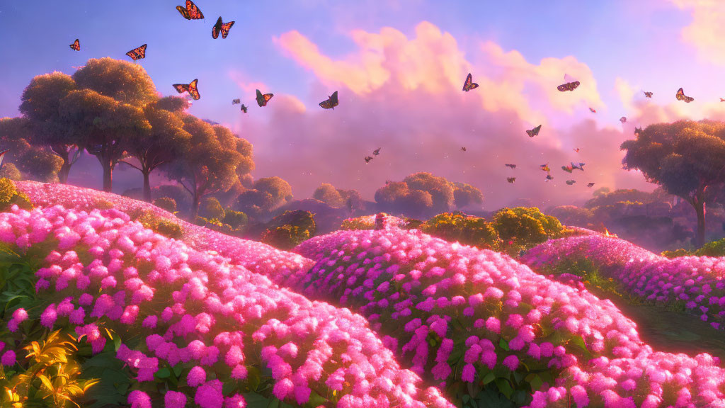 Colorful landscape with pink flowers, butterflies, and trees under a sunset sky