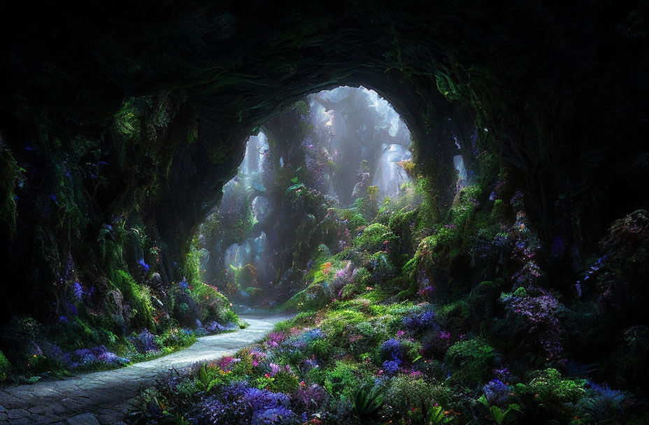 Lush Mossy Tunnel with Vibrant Flowers and Ethereal Mist