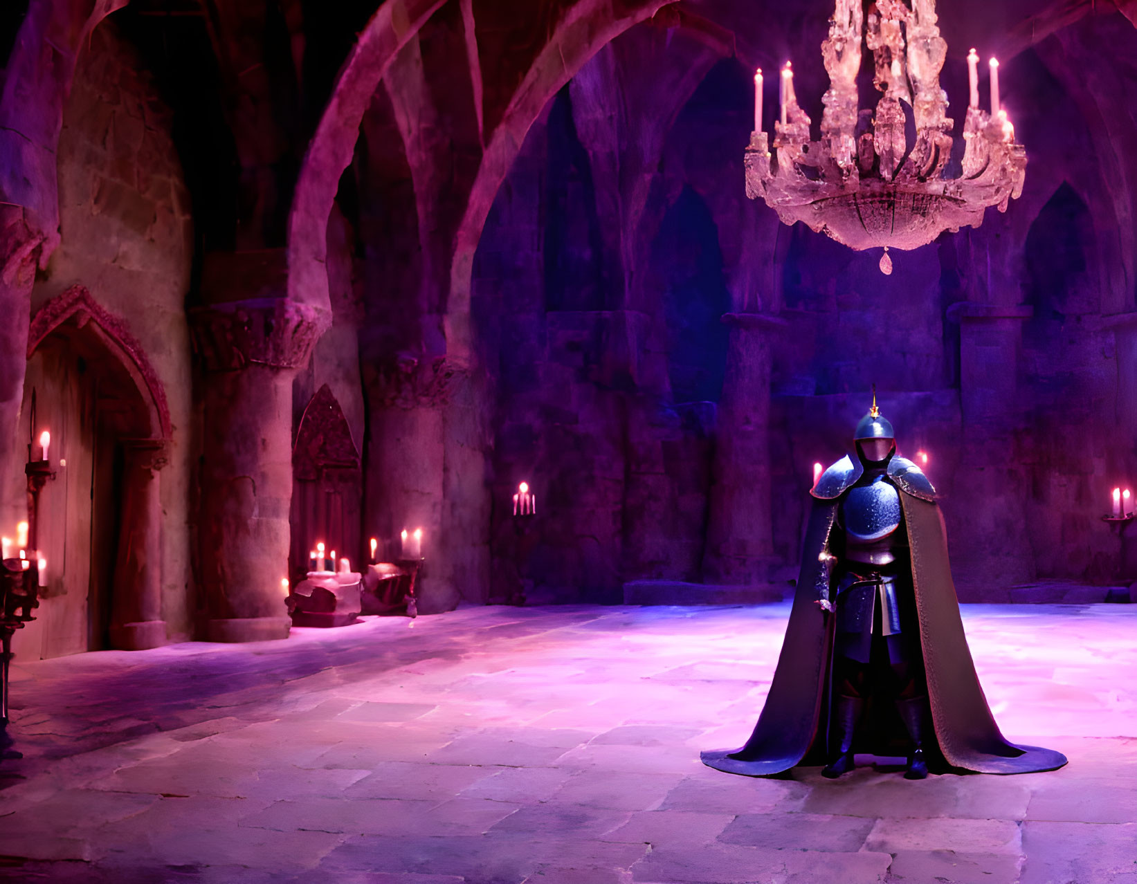 Knight in full armor and cape in dimly-lit medieval castle hall