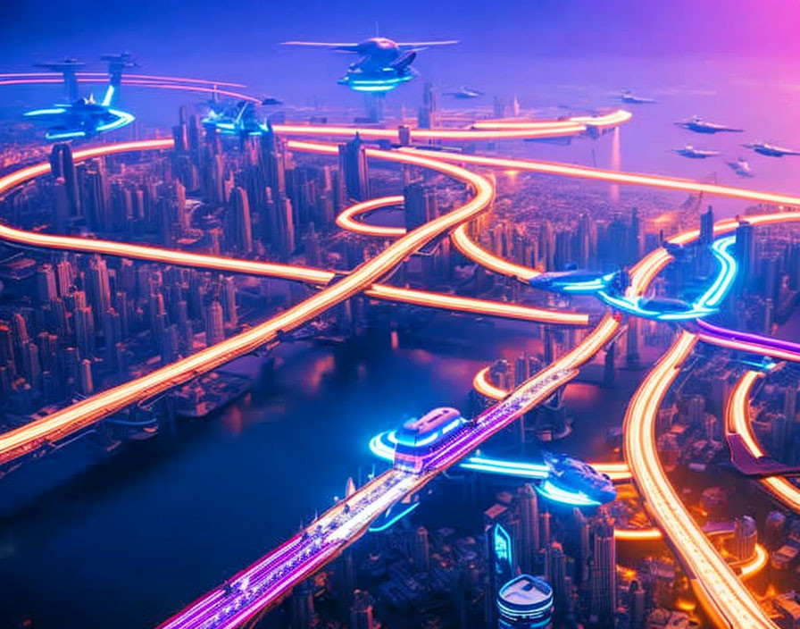 Futuristic twilight cityscape with elevated traffic lanes and flying vehicles.