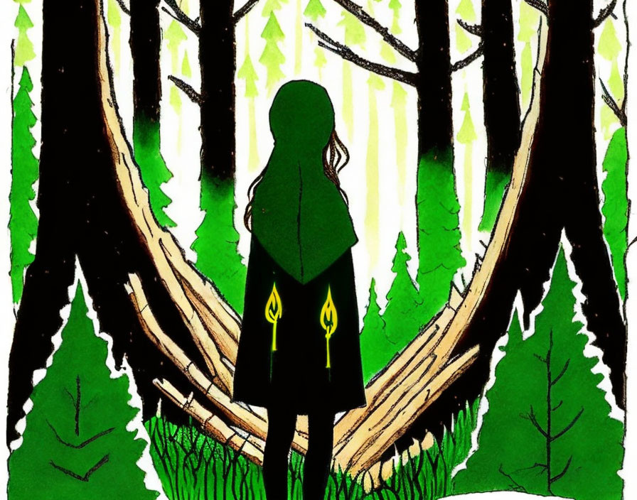 Illustration of person in cloak in green forest with converging trees and symbols