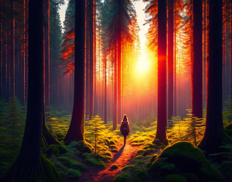 A Beauty Wandering in Forest under Sunrise