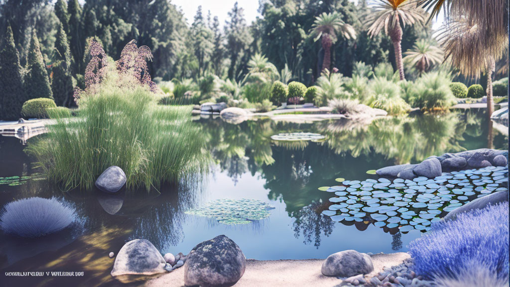 Tranquil garden pond with lush greenery, stepping stones, and lily pads