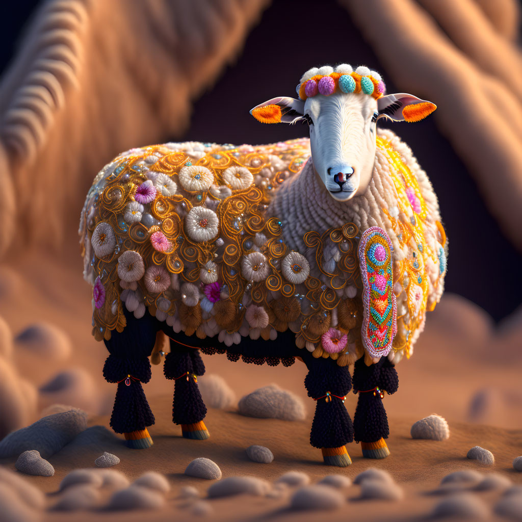 Colorful Beaded Necklace and Flower Coat on Adorned Sheep