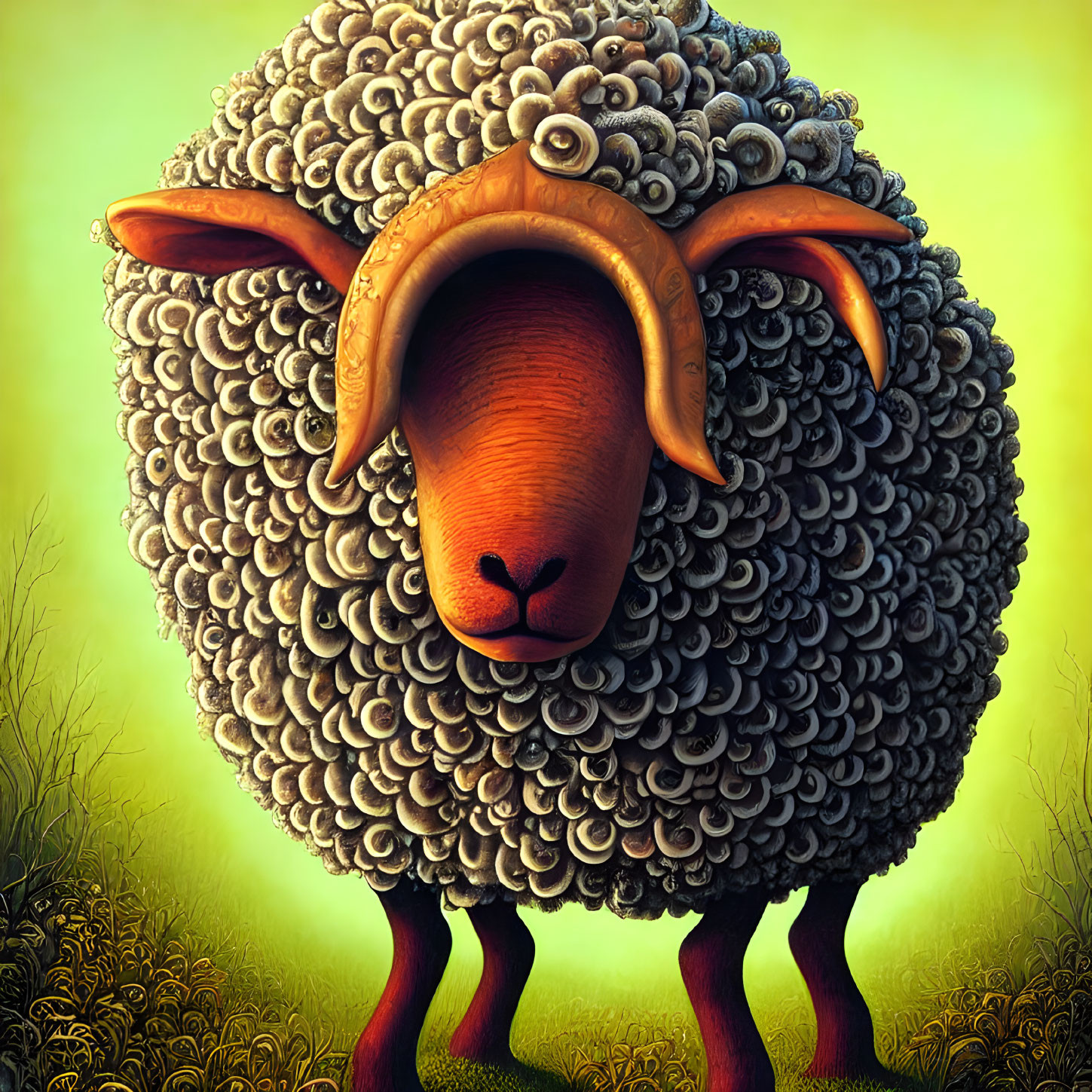 Illustration of whimsical sheep with curly fleece in golden meadow