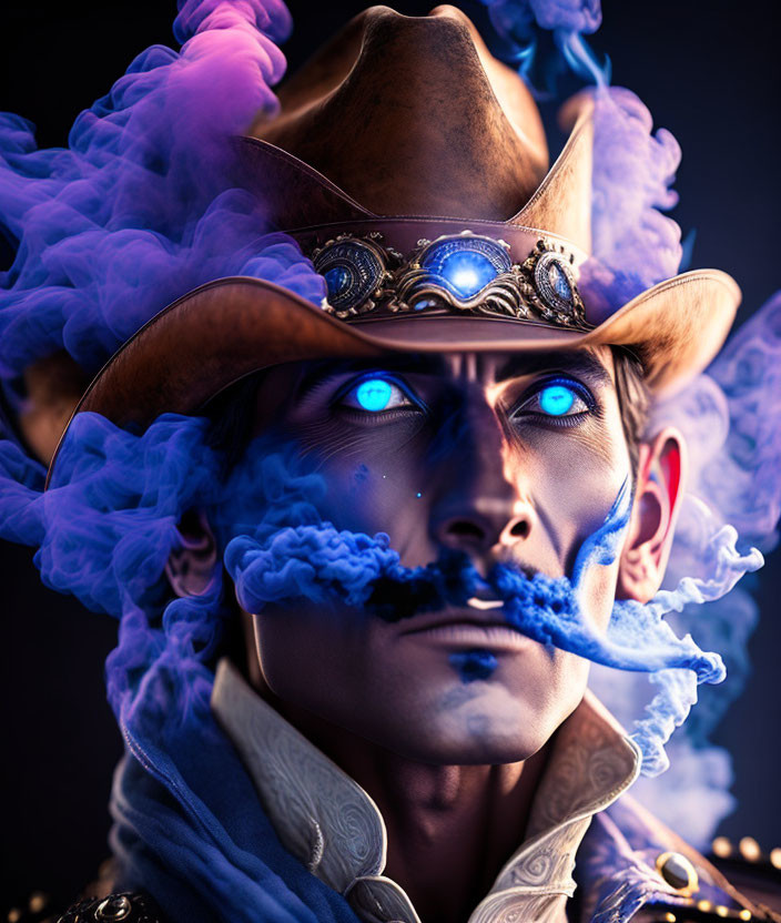 Steampunk cowboy with glowing blue eyes, smoke, hat, goggles, and detailed mustache.