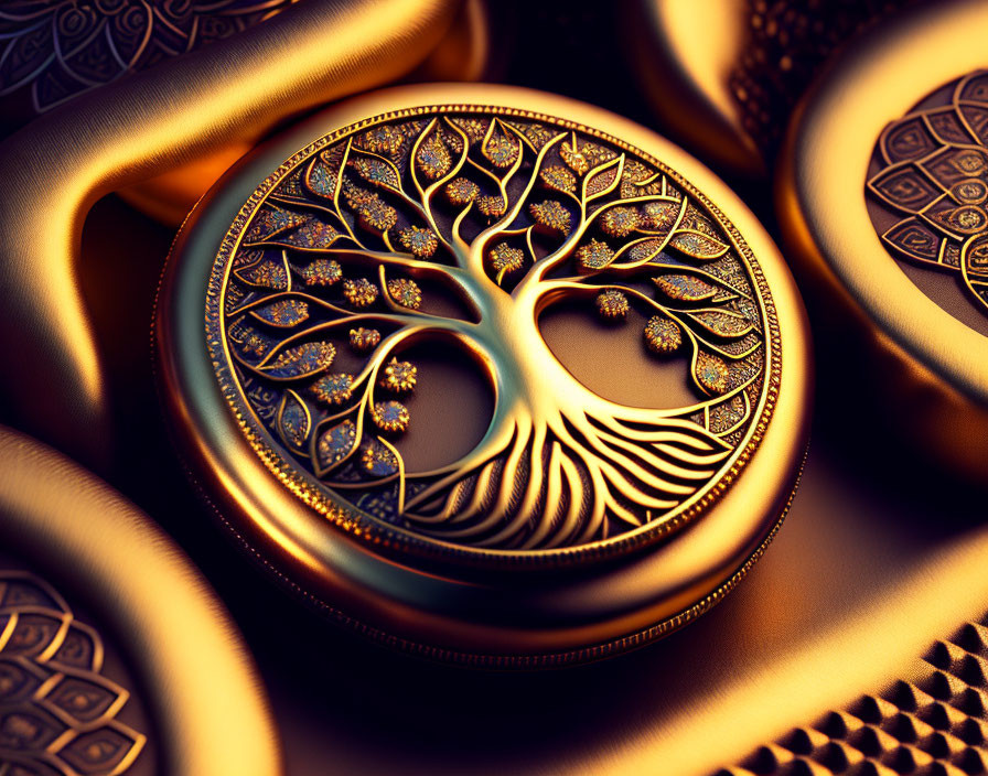 Golden Tree of Life Medallion with Celtic Patterns in Shimmering Ambiance
