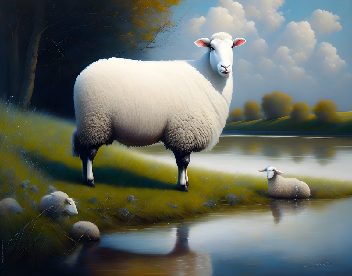 Tranquil digital painting of sheep by river