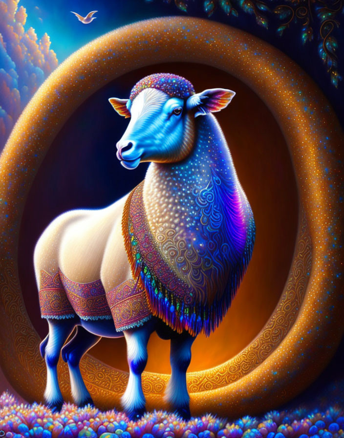 Colorful Stylized Sheep with Ornate Patterns and Blanket on Swirling Background