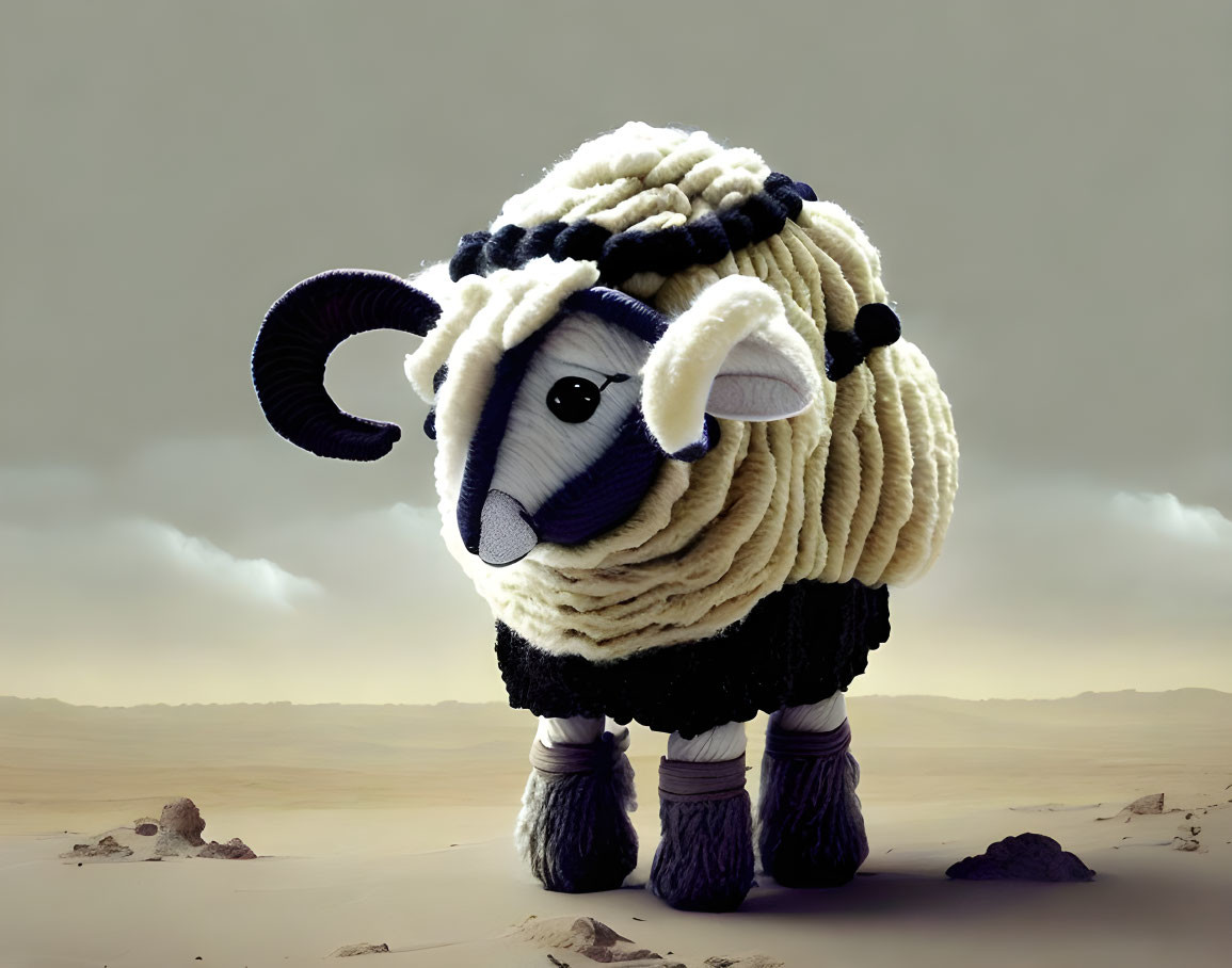 Stylized sheep with spiral horns in sandy landscape