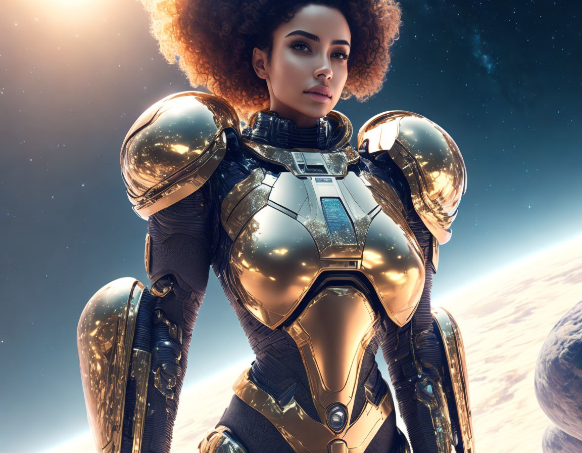 Futuristic armored woman in cosmic setting