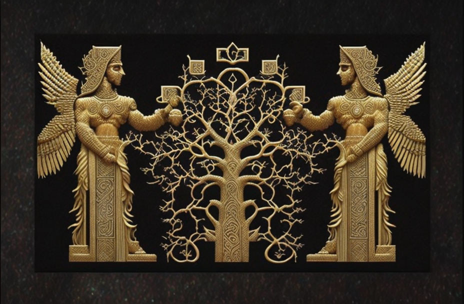 Symmetrical artwork: Golden winged figures, tree design, dark background