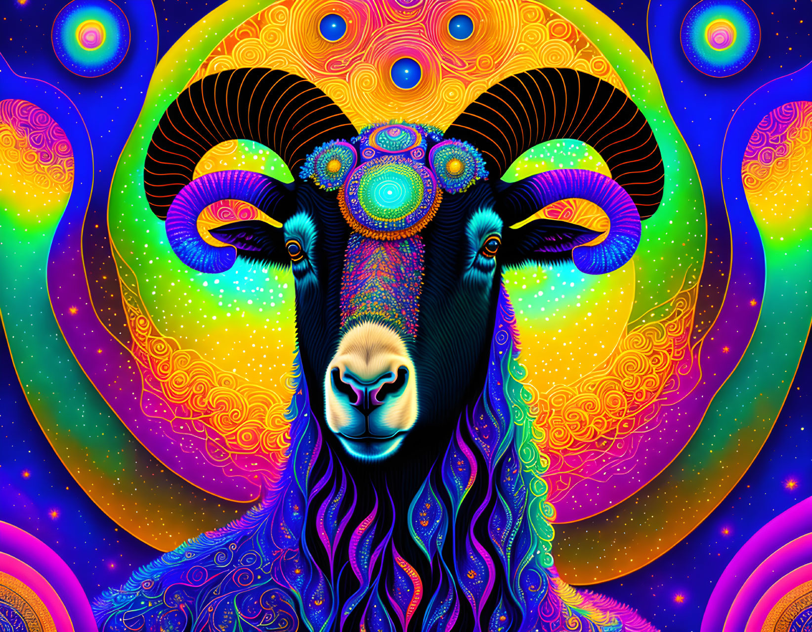 Colorful Stylized Ram Artwork on Psychedelic Cosmic Background