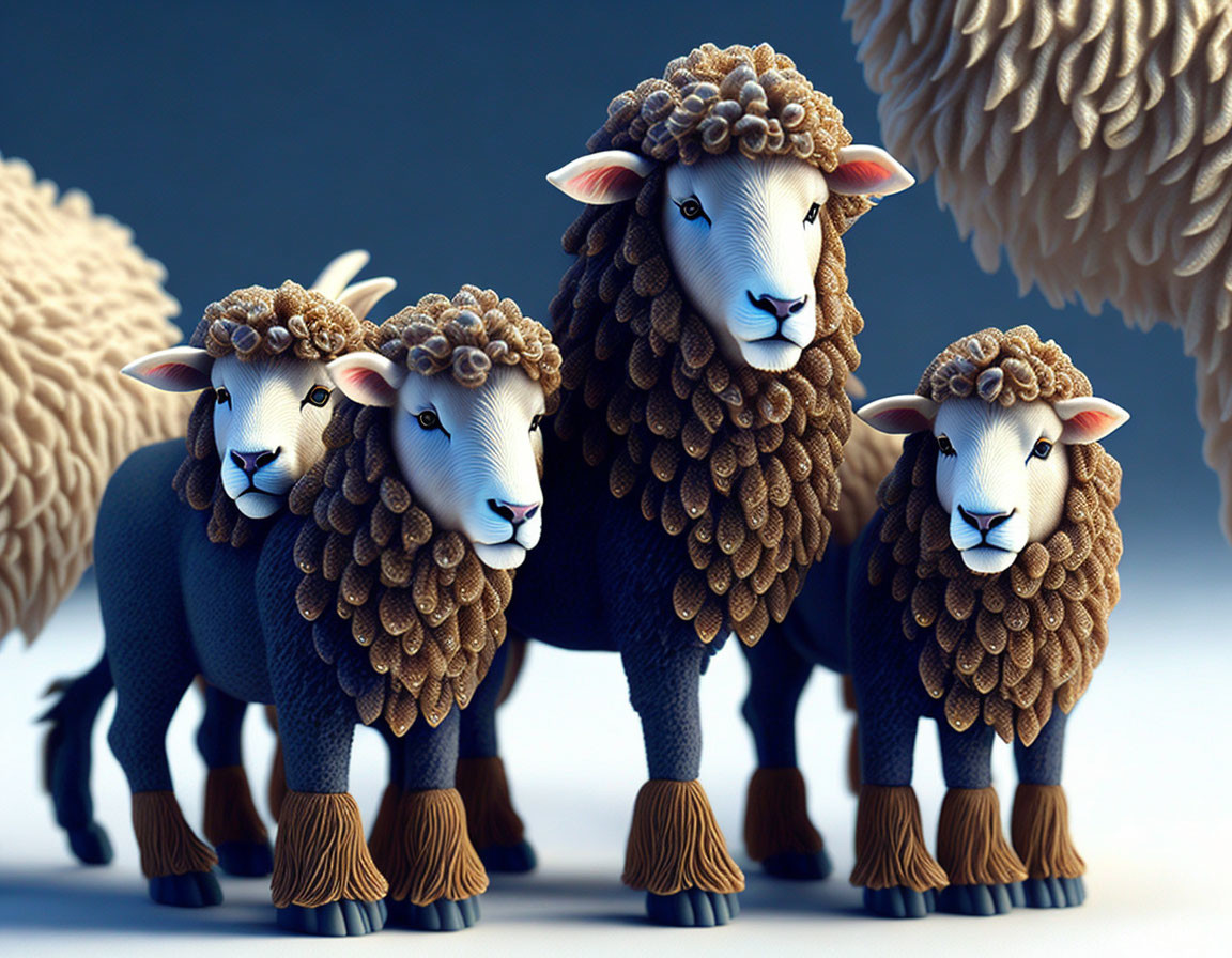 Stylized fluffy sheep with detailed wool in serene poses