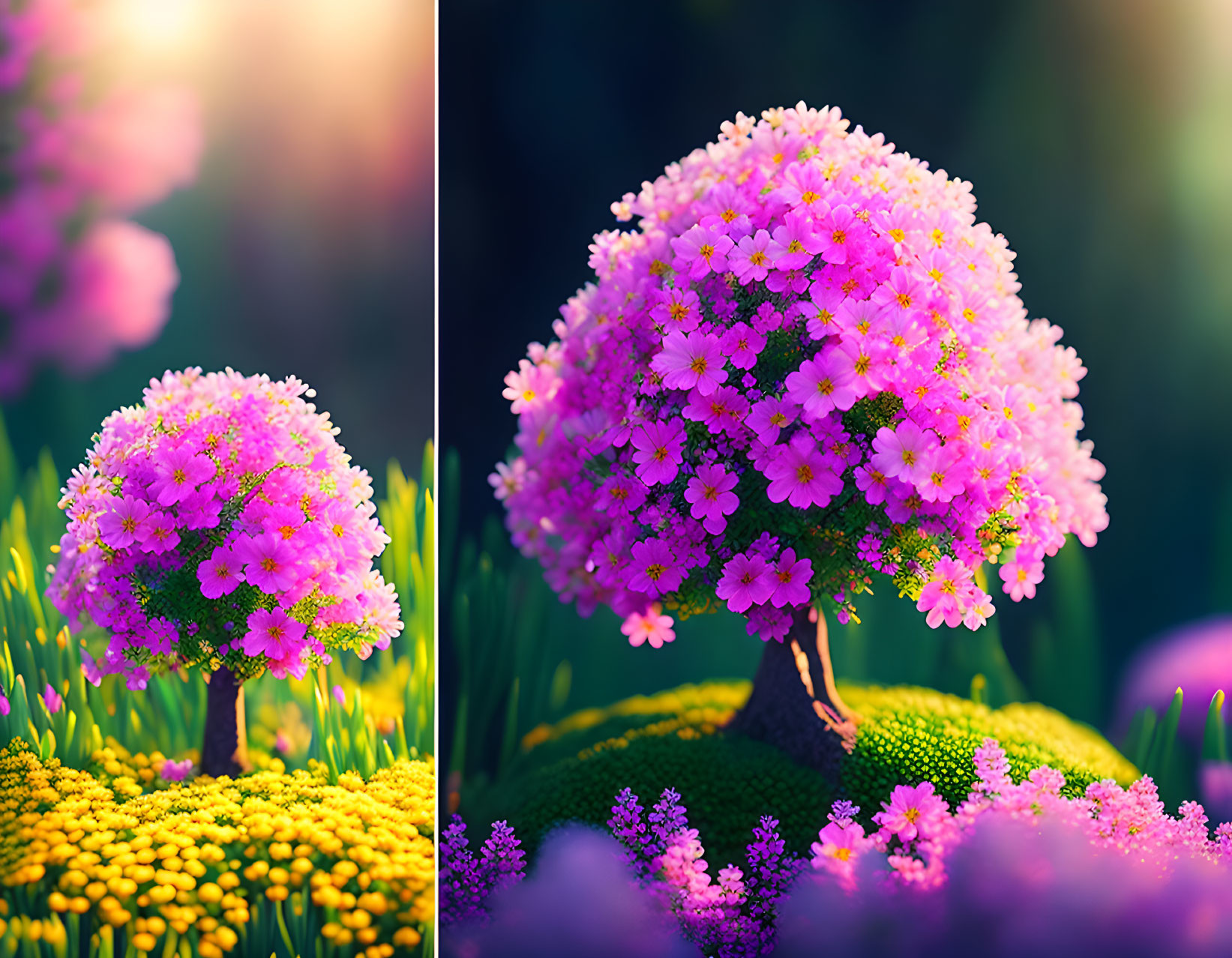 Miniature trees with pink blossoms in vibrant artwork