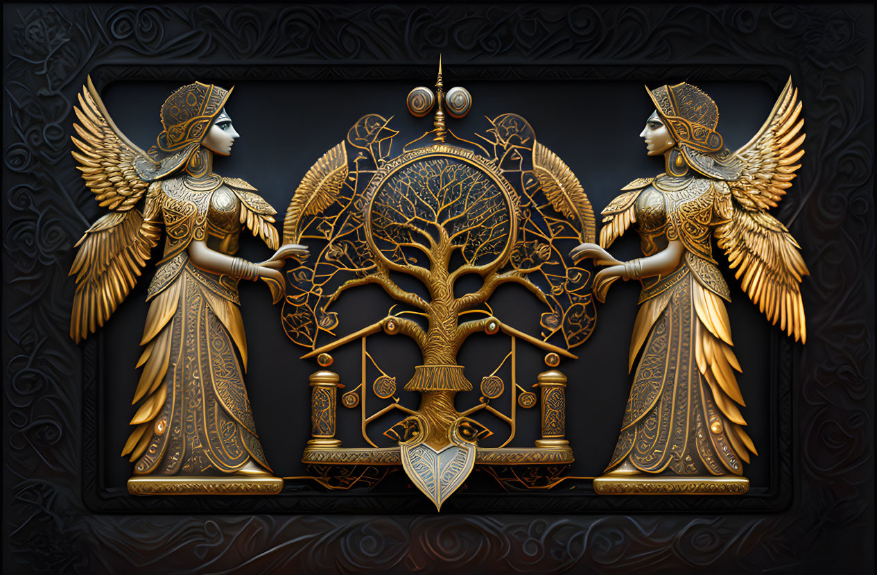 Symmetrical artwork with golden winged figures and intricate tree on dark background