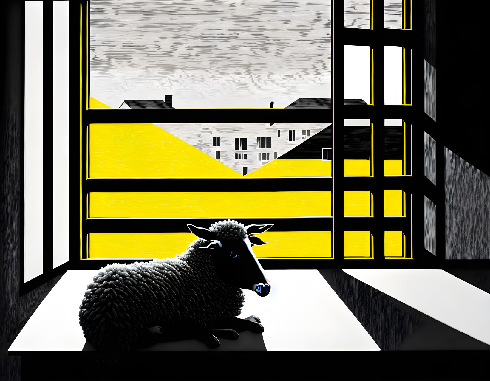  sheep sitting next to a window
