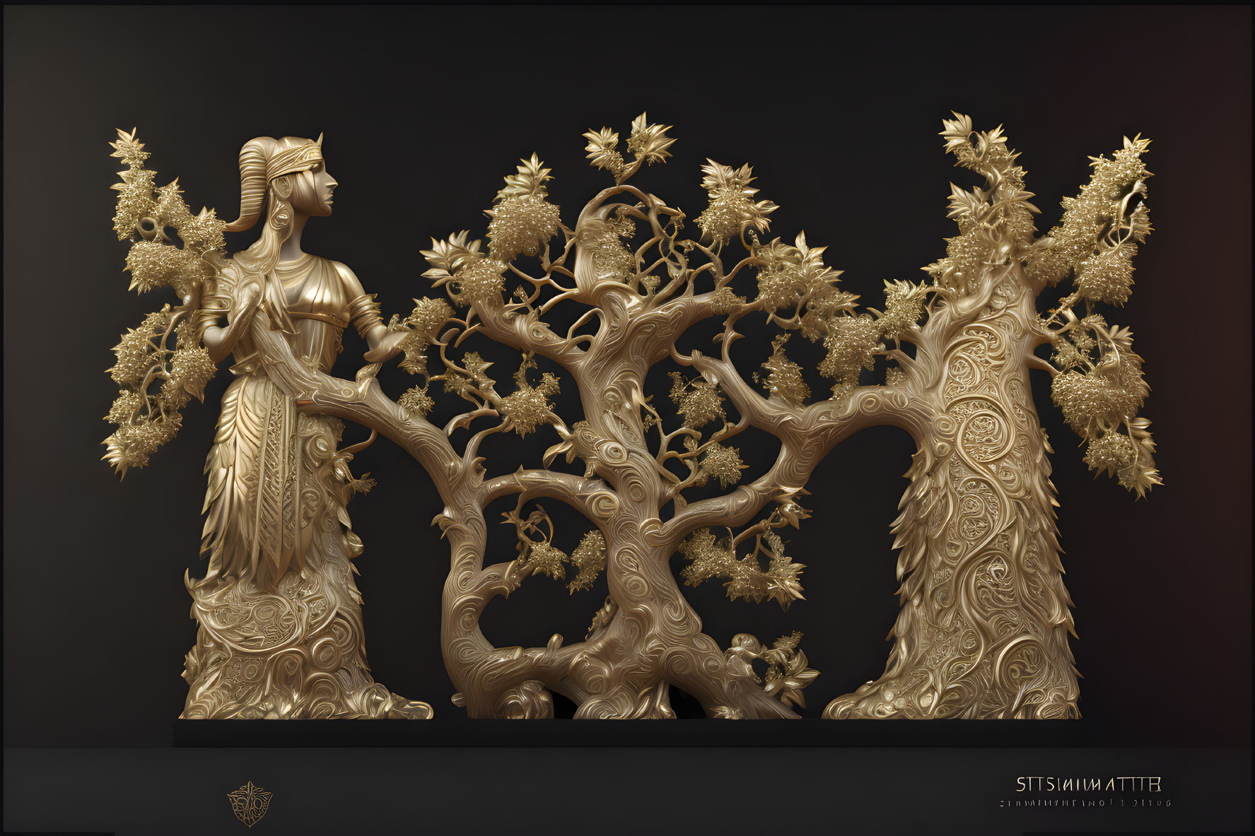 Intricate sculpture of woman blending with tree, golden details on dark backdrop